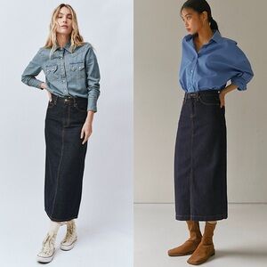 THE GREAT 90s Dark Wash Denim High Waist Back Slit Midi Column Jean Skirt 24